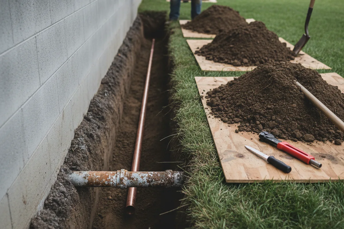 Excavated water line trench during Water Softener Installation in Cheshire